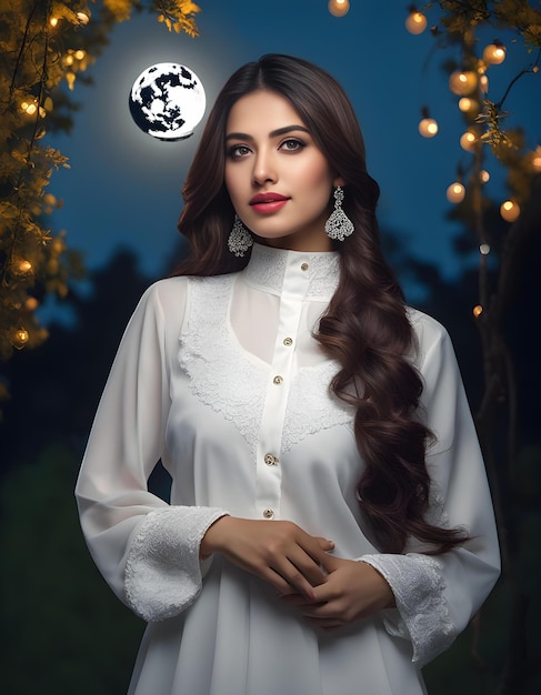 Strahlende Schönheit pakistanische Frau umarmt Mondlicht Serenität