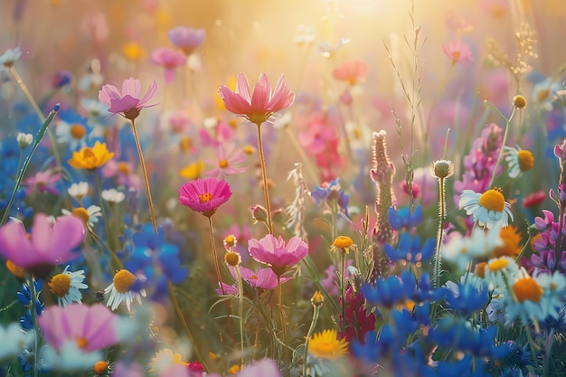 Strahlende Wildblumenwiese in der goldenen Stunde