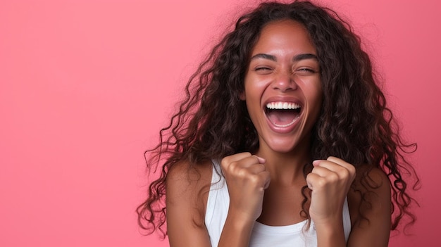 Strahlendes Lächeln Aboriginesin aus Australien, die von Glück und Freude überflutet ist, isoliert vor einem festen Hintergrund mit Kopierfläche