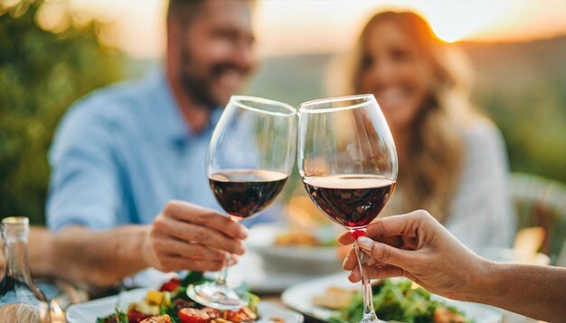 Strahlendes Sonnenuntergang Abendessen verschwommen glückliche Familie Fokus auf einem glänzenden Weinglas, das Wärme symbolisiert Toge