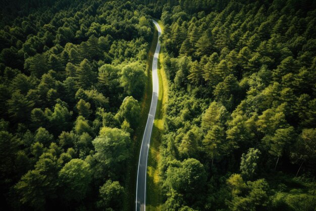 Straight Road Top View Eine flache Strecke zwischen dichten grünen Bäumen Asphaltstraße im Wald Drohnenfoto