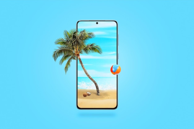 Strand auf einem Mobiltelefon mit einer Palme und einem Ball, der aus dem Display kommt Kreatives Technologiekonzept mit blauem Hintergrund