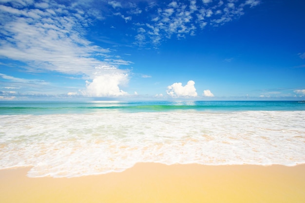 Strand Meer Sand Wasserwelle verstreute Wolken blauer Himmelshintergrund