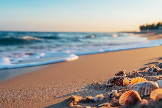 Strand mit gelbem Sand und Muscheln im Sommerhintergrund