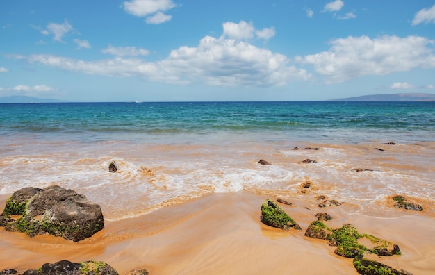 Strand mit goldenem Sand türkisfarbenem Meerwasser Panoramablick auf das Meer natürlichen Hintergrund für den Sommerurlaub