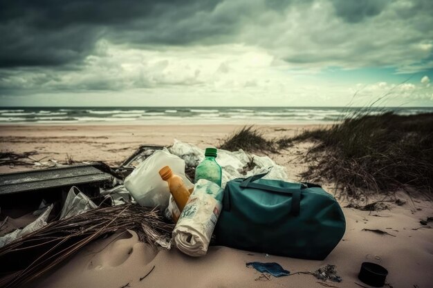 Strand mit reichlich Müll, darunter zerbrochene Flaschen, Plastiktüten und Müll aller Art