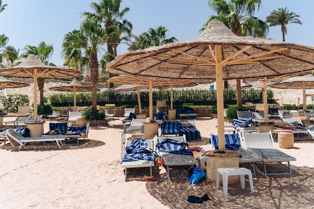 Strand mit Strohschirmen und Sonnenliegen