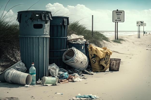 Strand mit überfüllten Mülltonnen und verstreutem Müll