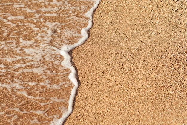 Strand Sand Sea Shore mit Welle und weißem schaumigen Sommer Hintergrund, Luftstrand Draufsicht Overhead-Küste.