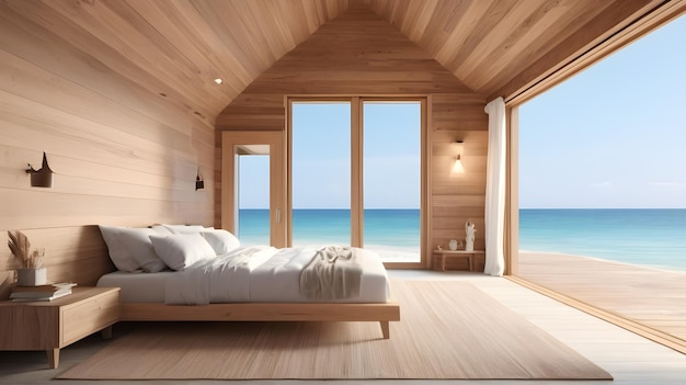 Foto strand schlafzimmer in einem rahmen holzhaus einfach und entspannen 3d-rendering innenraum von alim graphic