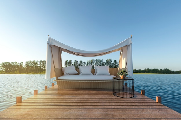 Strand Sofa auf Holzterrasse in der Nähe von Meer