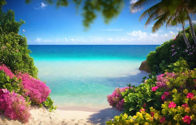Strand tropischer Garten mit Wasser und Blumen