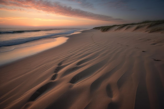 Strand- und Sandlandschaftsfoto an einem leicht nebligen Sommermorgen. Generative KI