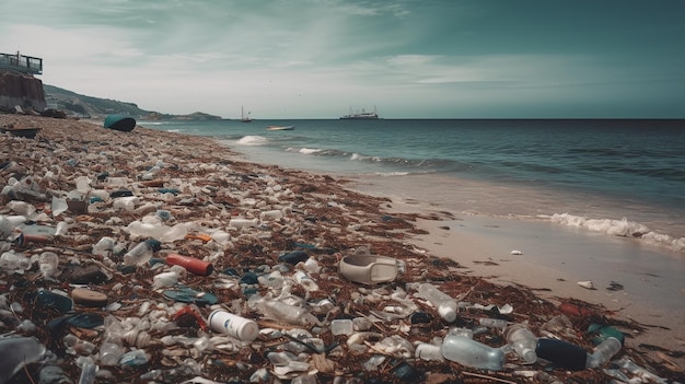 Strand voller Müll und Plastikmüll-Banner für Umwelt- und Recyclingkonzepte