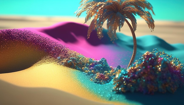 Strand, wo der Sand aus glitzerndem Regenbogen besteht, digitale Kunstillustration Generative KI