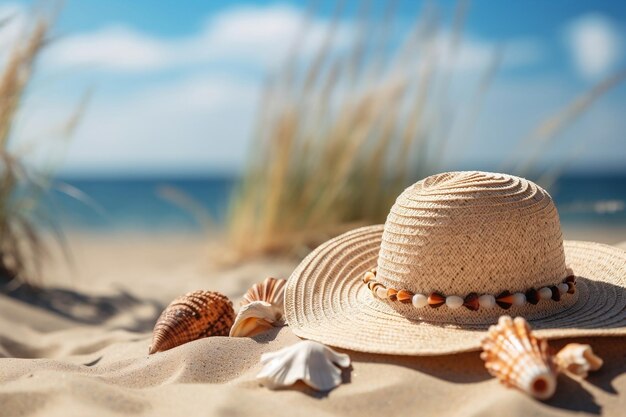 Strandaccessoires auf sandigem Sommerhintergrund Generative Ai