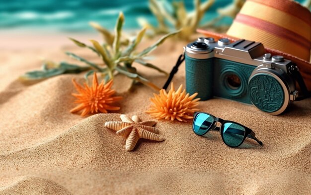 Foto strandaccessoires auf sandigem sommerhintergrund