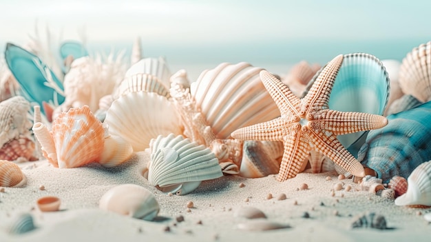 Strandbanner oder Kopfzeile mit wunderschönen Muscheln, Korallen und Seesternen auf reinem weißem Sand