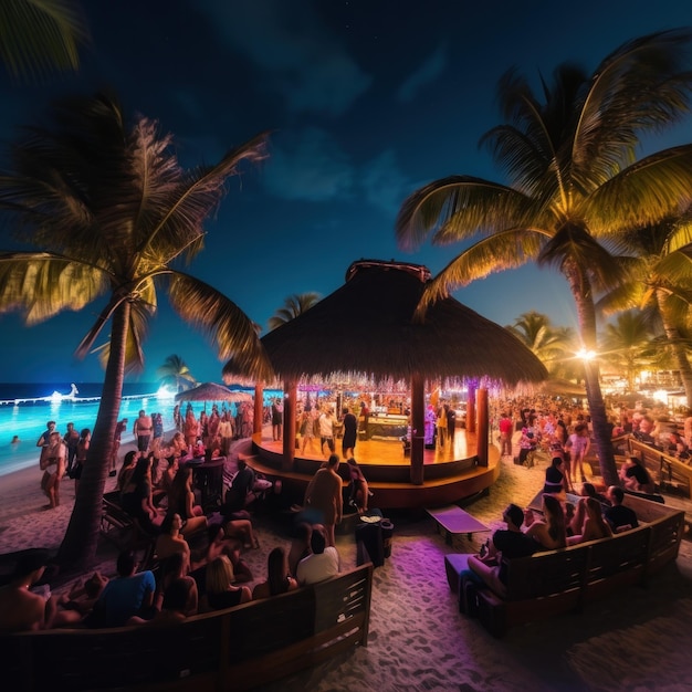 Strandbar mit hellen Lichtern und lebendiger Musik, umgeben von Palmen und Leuten, die die Party genießen