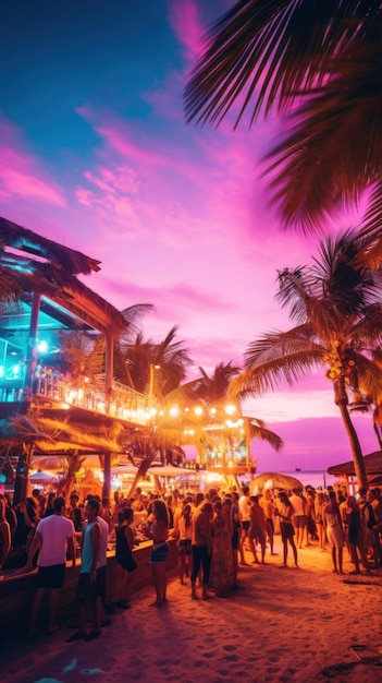 Strandbar mit hellen Lichtern und lebendiger Musik, umgeben von Palmen und Leuten, die die Party genießen