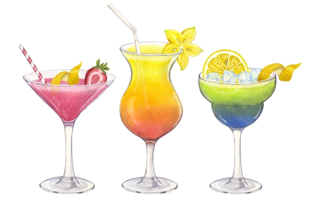 Strandcocktail rosa orange grün handgezeichnete Aquarellillustration auf weißem Hintergrund