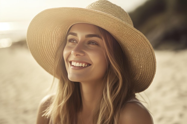 Strandglückseligkeit strahlende junge Frau in einem Sonnenhut lächelnd und die Sonne mit schlagenden Wellen aufsaugt