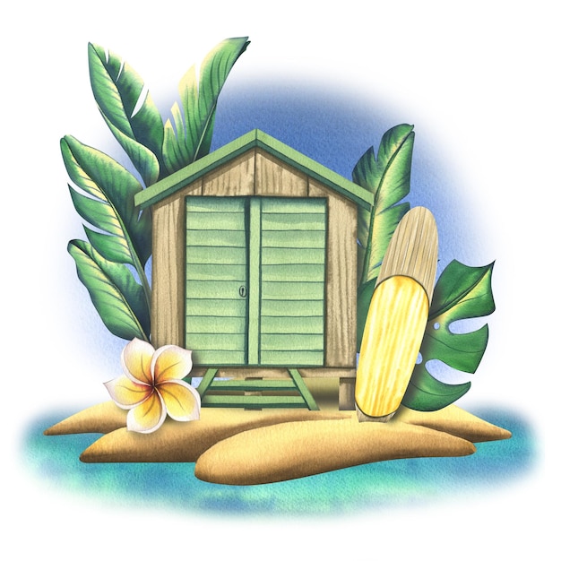 Strandhaus-Garage aus Holz mit Surfbrett auf einer tropischen Insel zwischen Palmen gegen Himmel und Meer Aquarell-Illustration Eine helle Komposition aus der SURFING-Kollektion