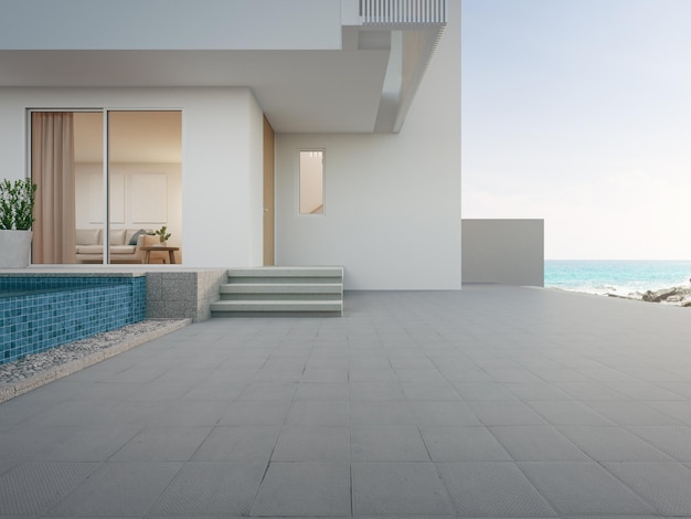 Strandhaus mit leerem Boden für den Parkplatz. 3D-Darstellung einer Betonterrasse in einem modernen Haus mit Meerblick