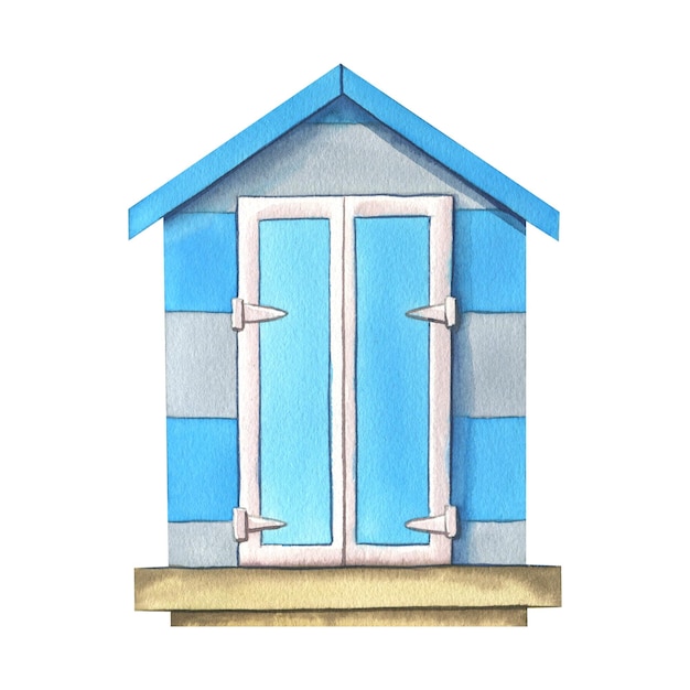 Strandhaus Surfgarage grau blau und weiß aus Holz gestreift Aquarellillustration Ein isoliertes Objekt aus der SURFING-Kollektion Zur Dekoration und Gestaltung von Kompositionsdrucken