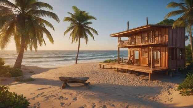 Strandhütte vor dem Hintergrund der aufgehenden Sonnenarchitektur, 3D-Darstellung mit lebendiger Tierwelt