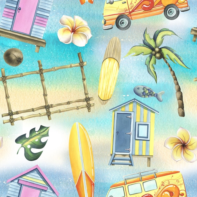 Strandhütten, Surfbretter, Palmen, Blumen, Kokosnüsse. Aquarell-Illustration, handgezeichnet, nahtloses Muster auf einem Meeresstrand-Hintergrund