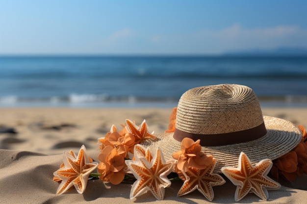 Strandhut, Flip-Flops, Seestern und Sternfrüchte entspannende Sommerszene