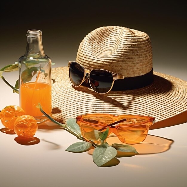 Strandhut mit Sonnenbrille und Sommer-Sonnencreme in einer Flasche