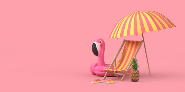 Strandkorb Aufblasbarer Pink Flamingo Strandschirm Strandsandalen und Ananasfrucht 3D-Rendering