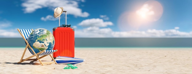 Strandkorb mit Erdkugel am Sandstrand mit Business-Koffer, Flip-Flops und Sonnenschirm im Sommer im Sonnenlicht, reisen Sie um das Weltkonzeptbild, mit Copyspace für Ihren individuellen Text.