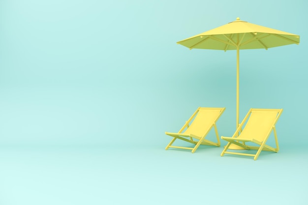 Strandkorb mit Sonnenschirm auf blauem Hintergrund, 3D-Renderdarstellung