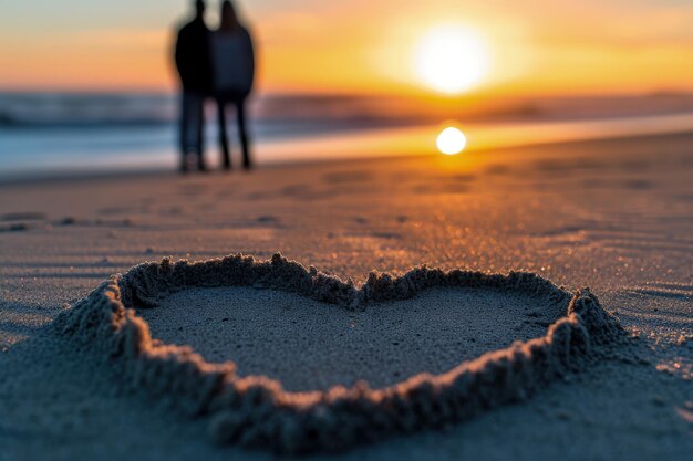 Strandliebe Zwei Menschen stehen am Sandstrand mit Herzzeichnung