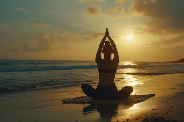 Strandmeditation Frau macht Yoga bei Sonnenuntergang