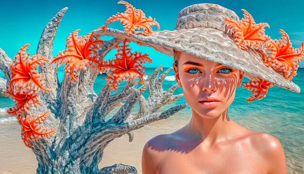 Strandmode, schickes Make-up und Kopfbedeckung eines schönen Mädchens am Strand