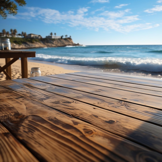 Strandmontage Holzdeck ergänzt den verschwommenen Strand für eine vielseitige Produktpräsentation für Socia