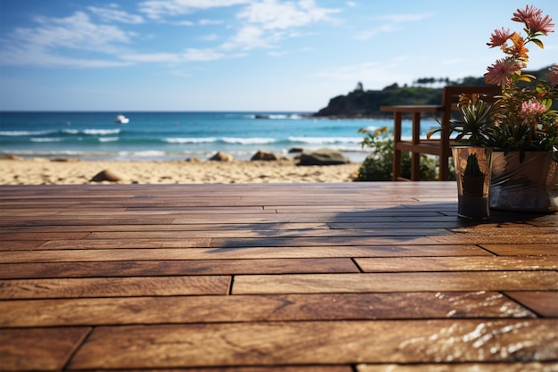 Strandmontage Holzdeck ergänzt den verschwommenen Strand für eine vielseitige Produktpräsentation