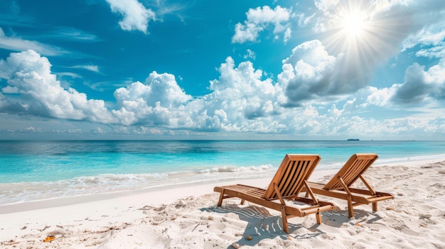 Strandstühle auf dem weißen Sandstrand mit wolkenfarbenem blauem Himmel und Sonne