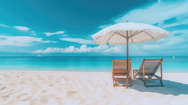 Strandstühle mit Regenschirm und wunderschöner Sandstrand tropischer Strand mit weißem Sand