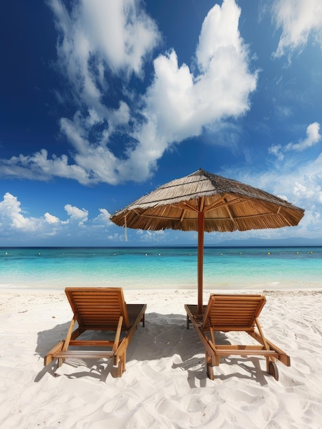 Strandstühle und Regenschirm auf einem weißen Sandstrand