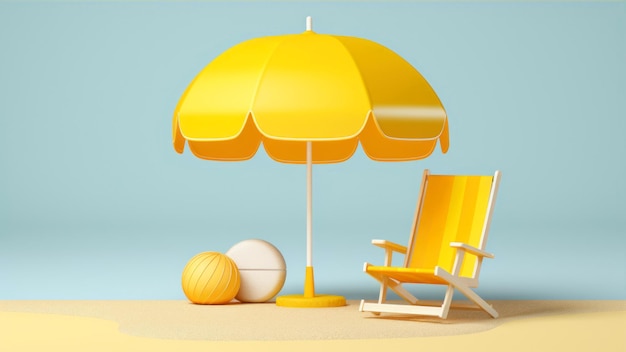 Strandstuhl mit Regenschirm und Ball auf dem Sand