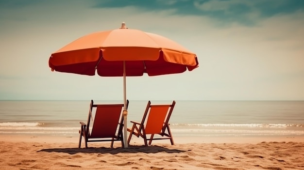 Strandstuhl mit Sonnenschirm auf einem wunderschönen weißen Sand vor einem atemberaubenden blauen Himmel und generativem KI-Konzept für Urlaubsfreiheit am Meer