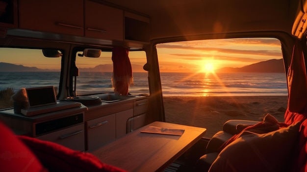 Strandszene, die von einem Camper im Wohnwagen bei Sonnenuntergang gesehen wird, generiert von KI