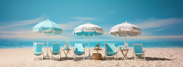 Strandszene mit Stühlen unter einem Regenschirm im Sand