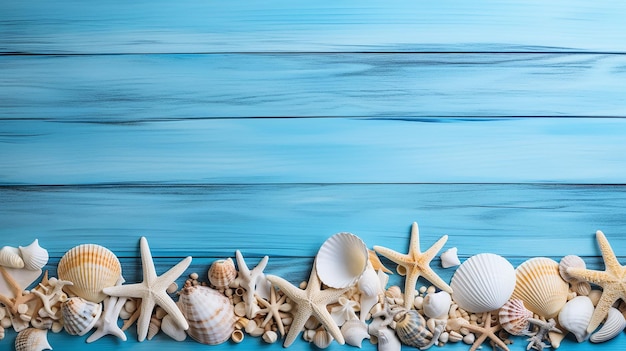 Strandszenenkonzept mit Muscheln und Seesternen auf blauem Holzhintergrund