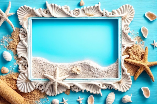Strandszenenkonzept mit Muscheln und Seesternen auf einem blauen Holzbrett Hintergrund Draufsicht Generative AI